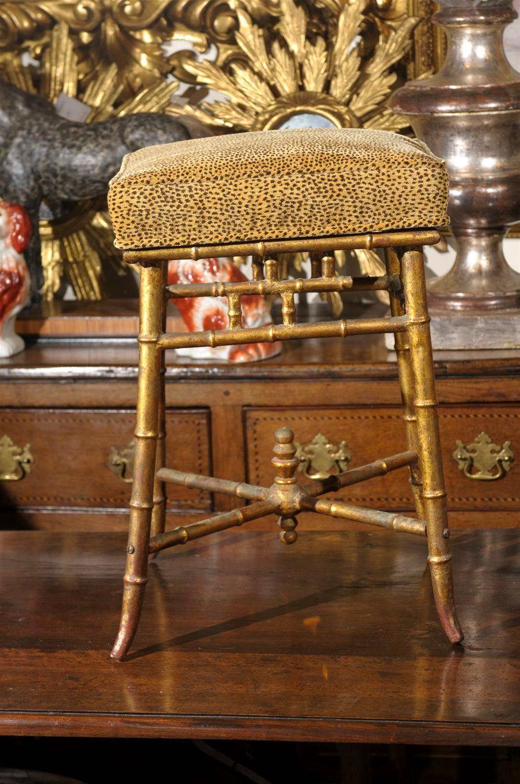 Italian Gilt Iron Faux-Bamboo Stool with Animal Print Upholstery from the 1950s 2