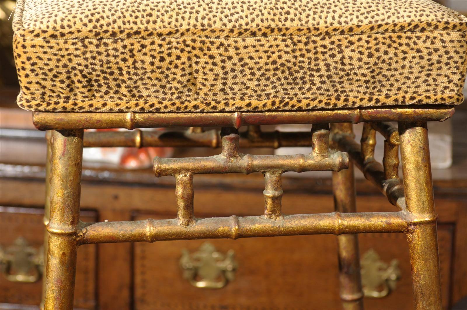 Italian Gilt Iron Faux-Bamboo Stool with Animal Print Upholstery from the 1950s 1
