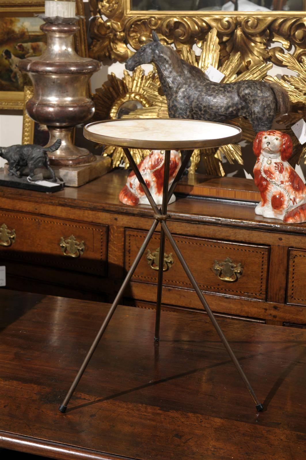 Mid-Century Modern French Vintage Round Three Legged Drinks Table with Cream Marble Top