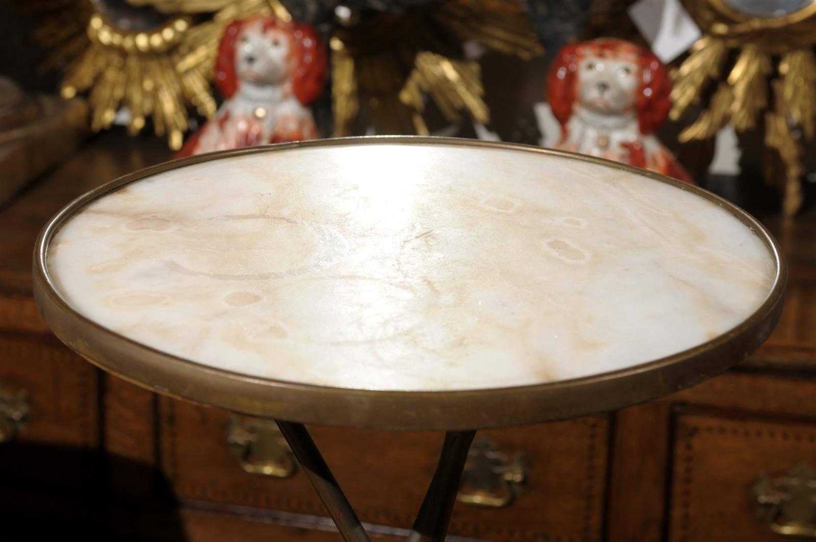 French Vintage Round Three Legged Drinks Table with Cream Marble Top In Excellent Condition In Atlanta, GA