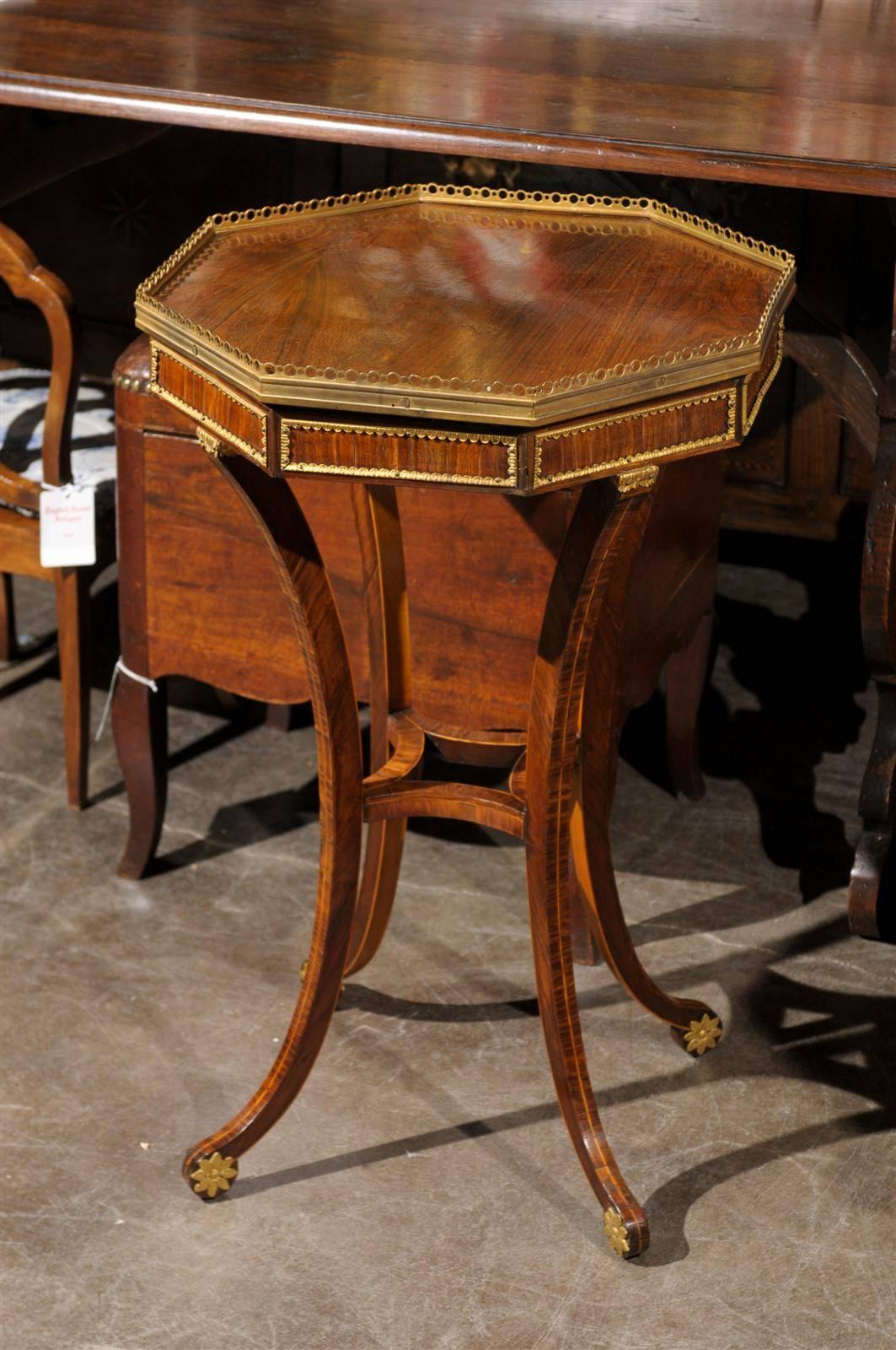 Brass English Regency Rosewood Veneered Octagonal Side Table from the 1820s