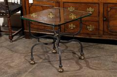 Pair of English Iron, Glass Top and Brass Feet Side Table from the Mid Century