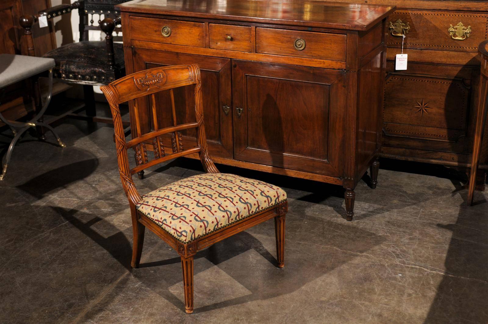 Neoclassical French Carved Back Slipper Chair and Needlepoint Seat from Early 20th Century For Sale