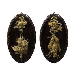 Pair of Bronze and Wood Hunting Plaques with Dogs and Game