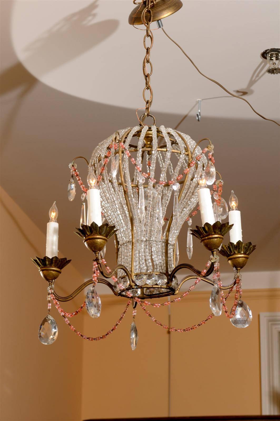 Gilt French Five-Light Balloon Shape Crystal and Glass Chandelier with Colored Beads