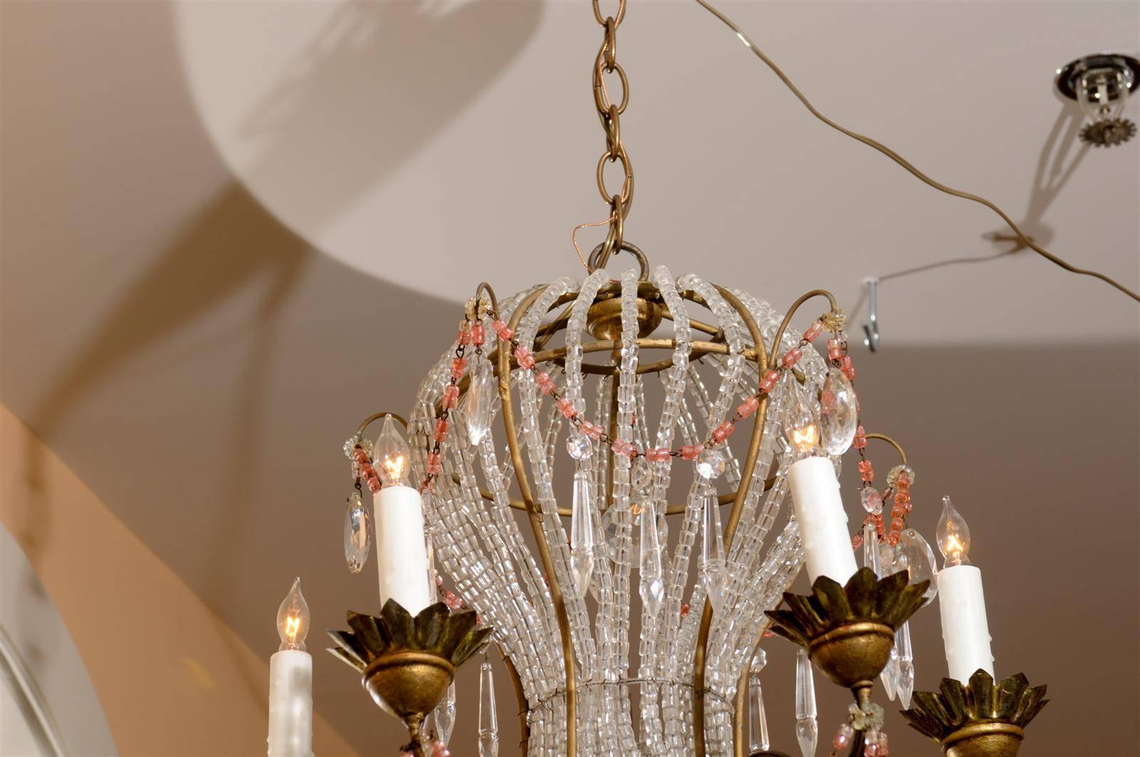 20th Century French Five-Light Balloon Shape Crystal and Glass Chandelier with Colored Beads