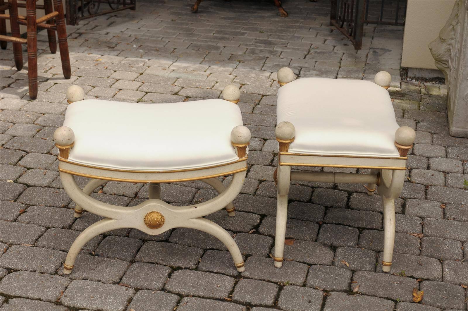 Wood Pair of Painted X-Frame Stools