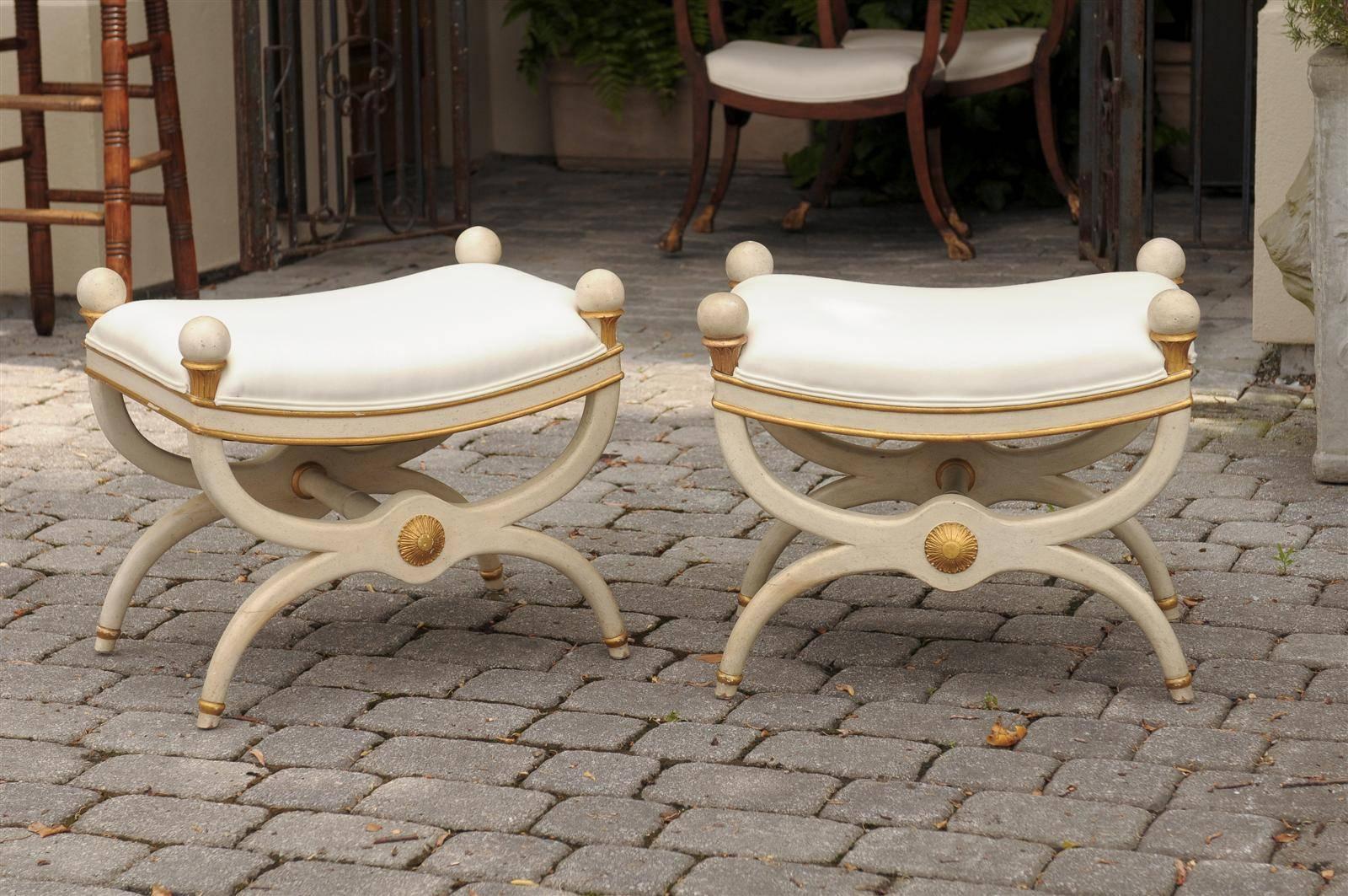 Pair of vintage Baker X-frame painted stools.