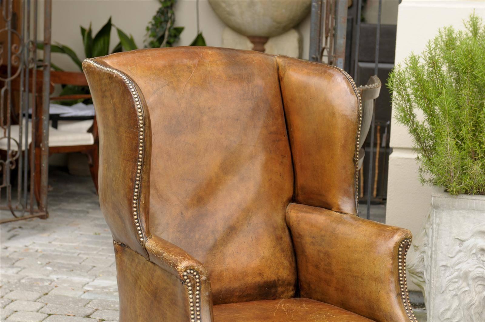 19th Century 19 th c.English Leather Wing Chair