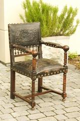 French 19th Century Embossed Leather Upholstered Wooden Armchair with Open Arms