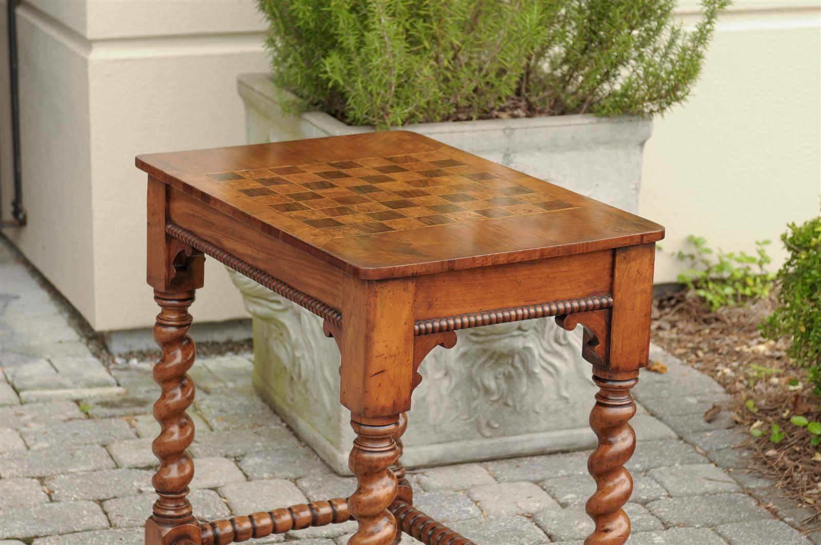 English 19th Century Barley Twist Side Table With Checker Board Top 1