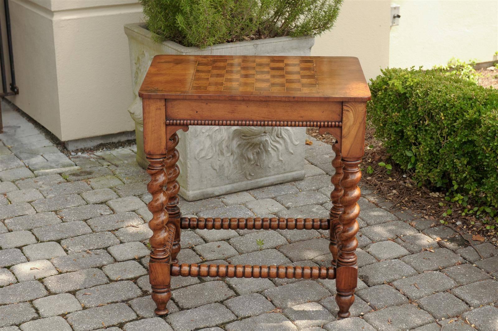 English 19th Century Barley Twist Side Table With Checker Board Top 5