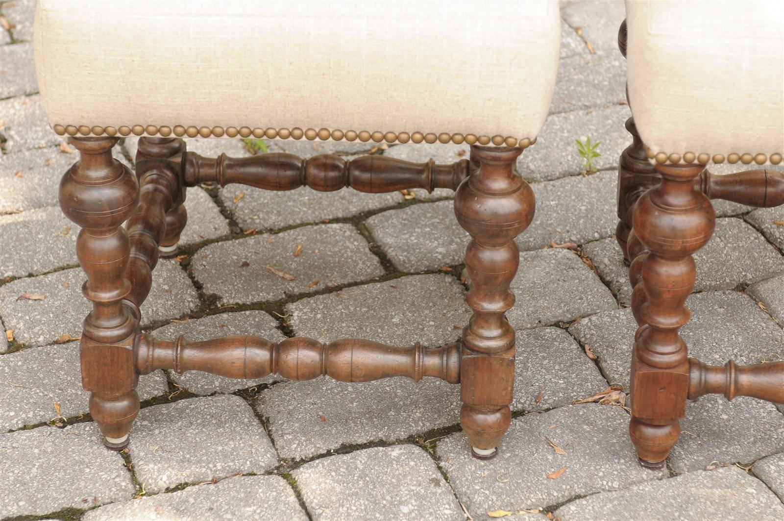 Upholstery Pair of English 1870s Walnut Upholstered Stools with Turned Legs and Stretchers
