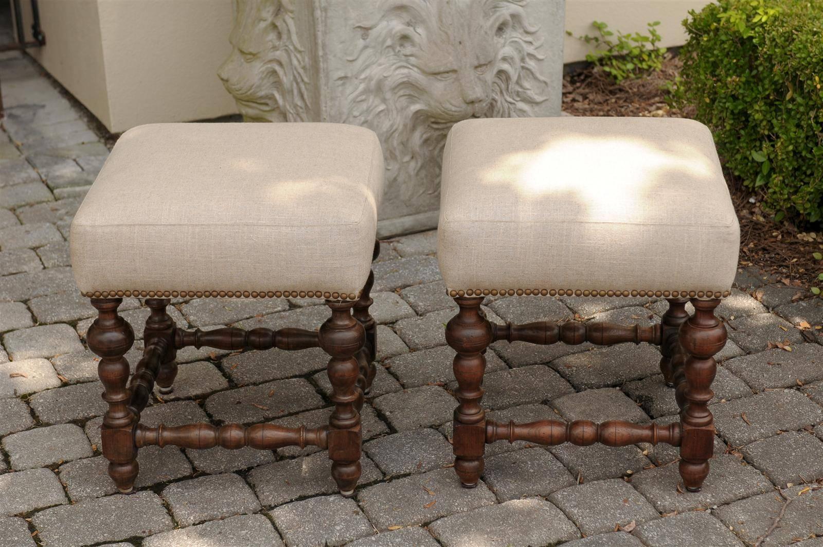 Pair of English 1870s Walnut Upholstered Stools with Turned Legs and Stretchers 1