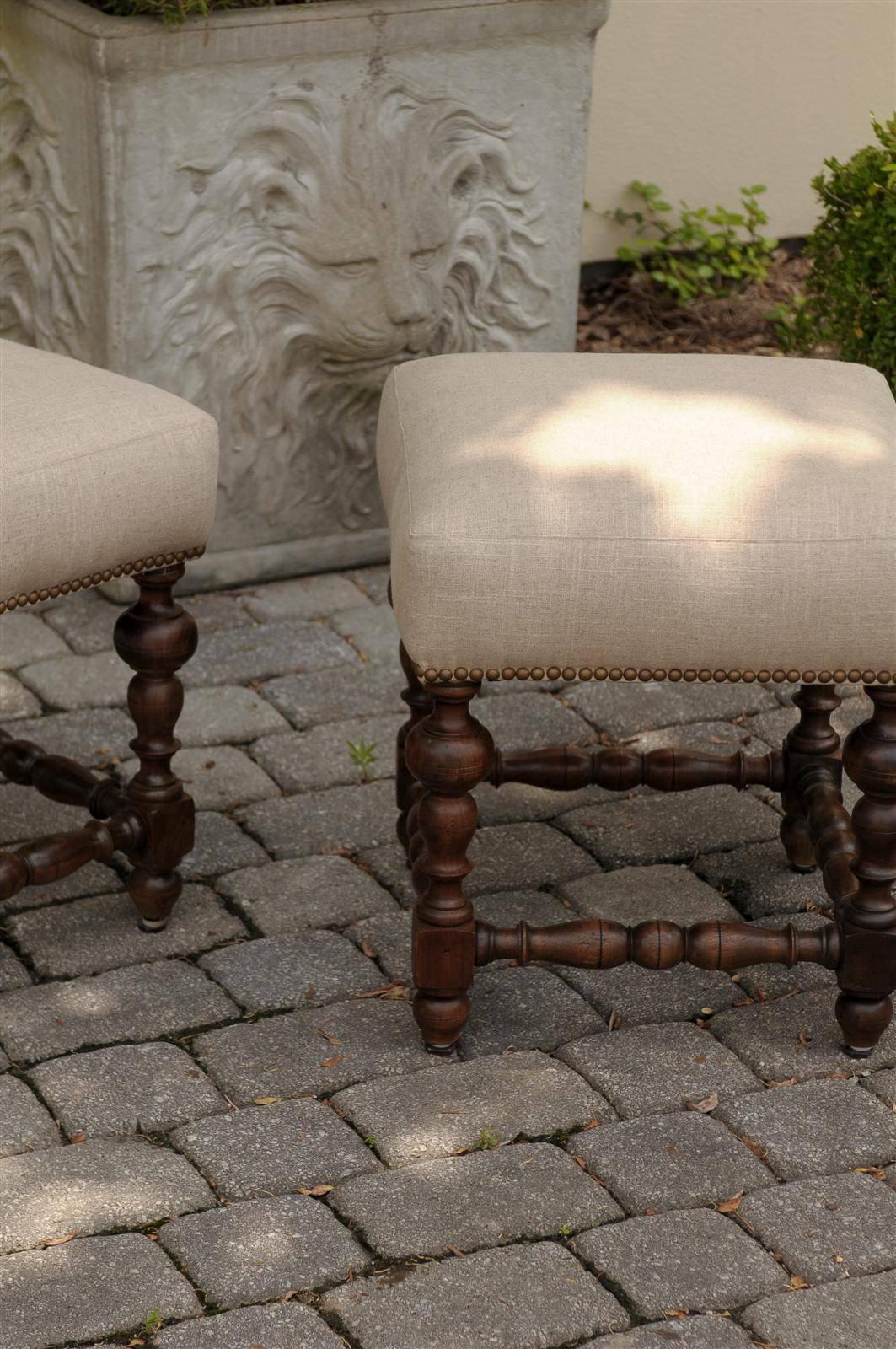 Pair of English 1870s Walnut Upholstered Stools with Turned Legs and Stretchers 2