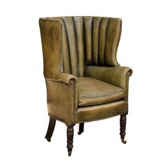 Antique 1870 English Library Barrel Wingback Chair in Green Leather Upholstery