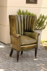 1870 English Library Barrel Wingback Chair in Green Leather Upholstery