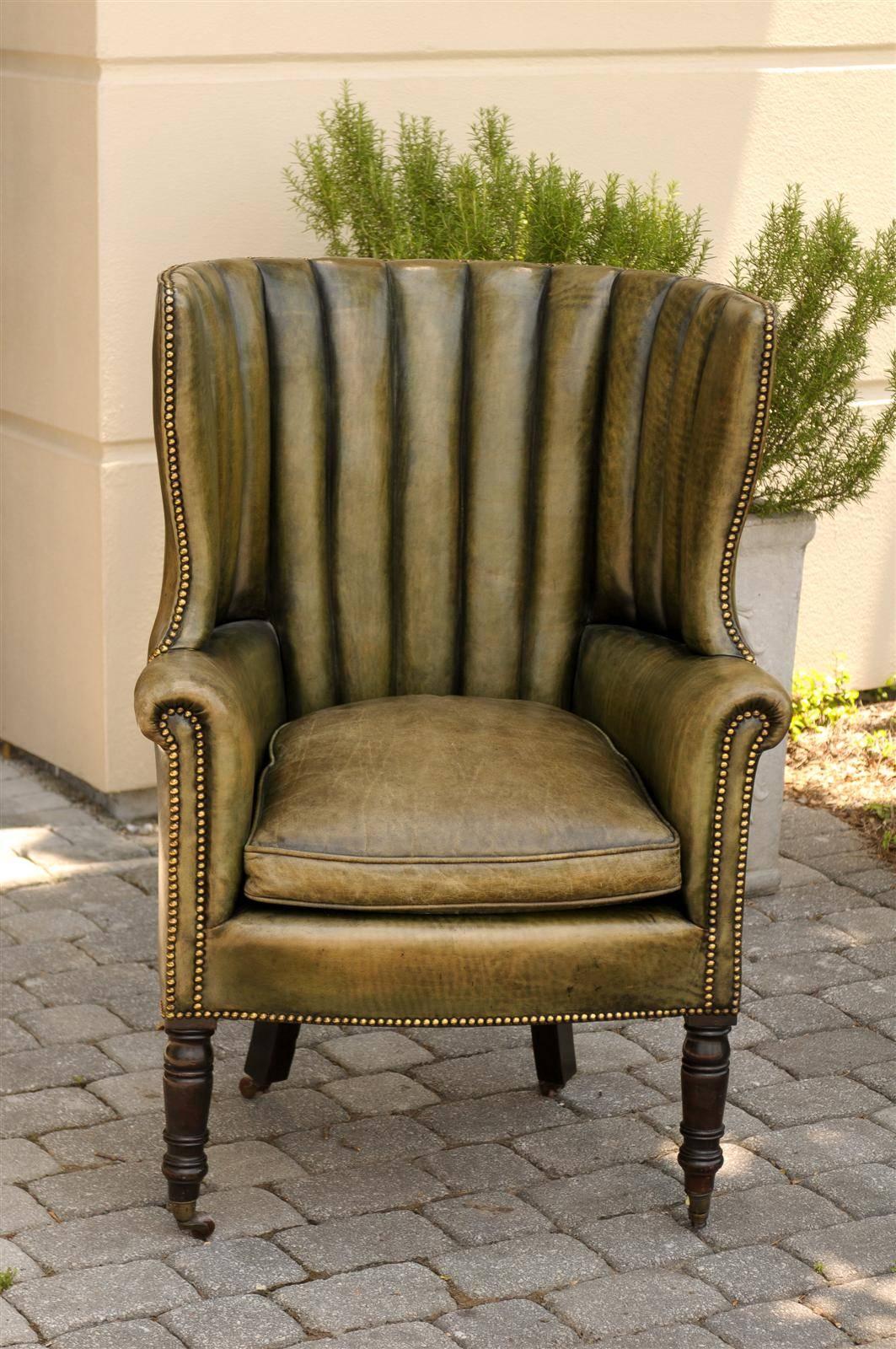 1870 English Library Barrel Wingback Chair in Green Leather Upholstery 1