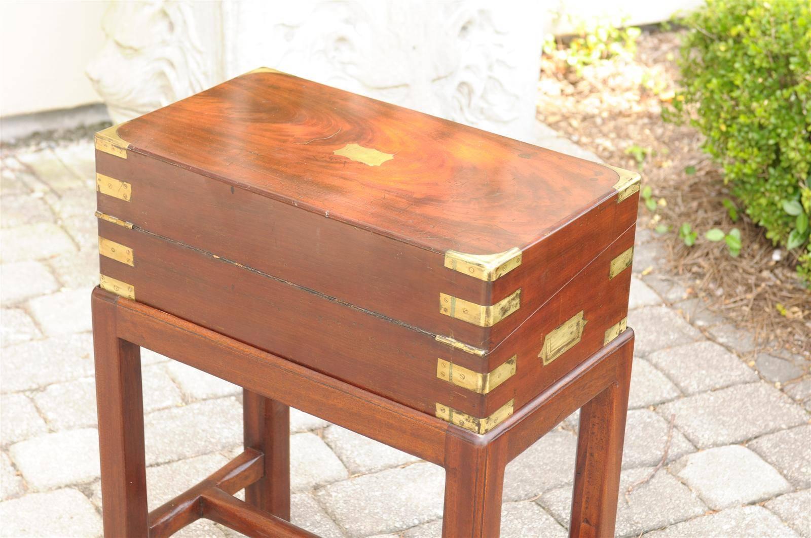 English 19th Century Mahogany Lap Desk Box on Stand with Brass Accents 1