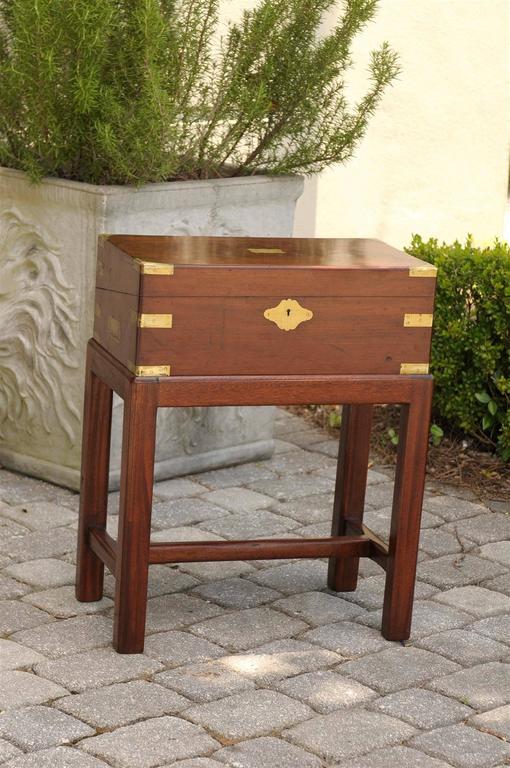 English 19th Century Mahogany Lap Desk Box On Stand With Brass Accents