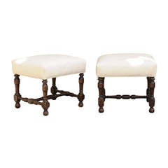 Pair of English Upholstered Stools with Stretchers from the Late 19th Century