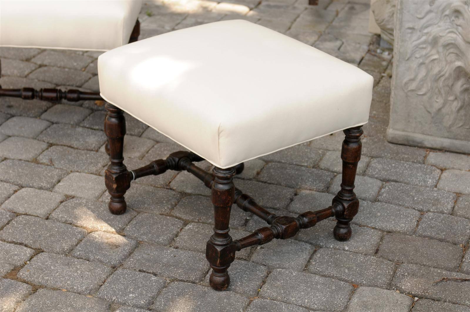 Wood Pair of English Upholstered Stools with Stretchers from the Late 19th Century