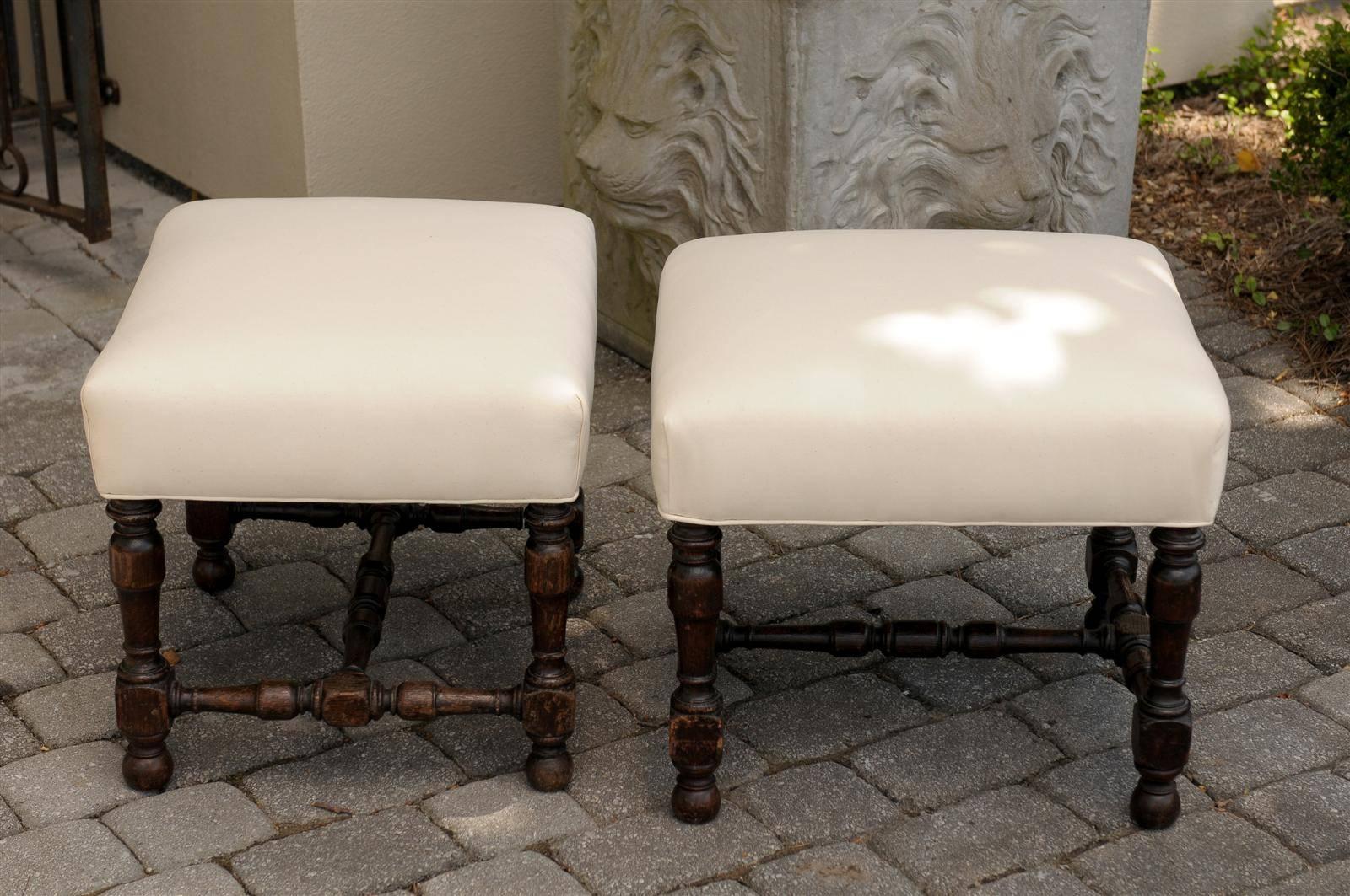 Pair of English Upholstered Stools with Stretchers from the Late 19th Century 3