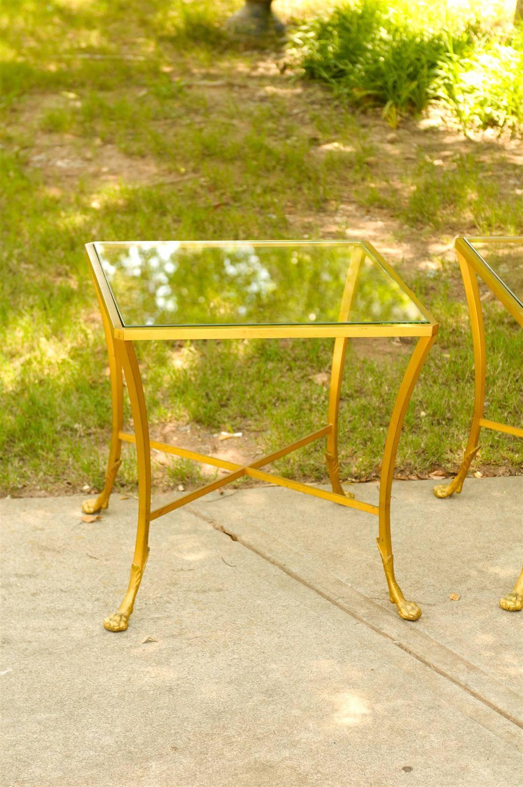 Pair of French 1950s Maison Baguès Style Tables Made of Glass and Gilt Bronze In Good Condition In Atlanta, GA