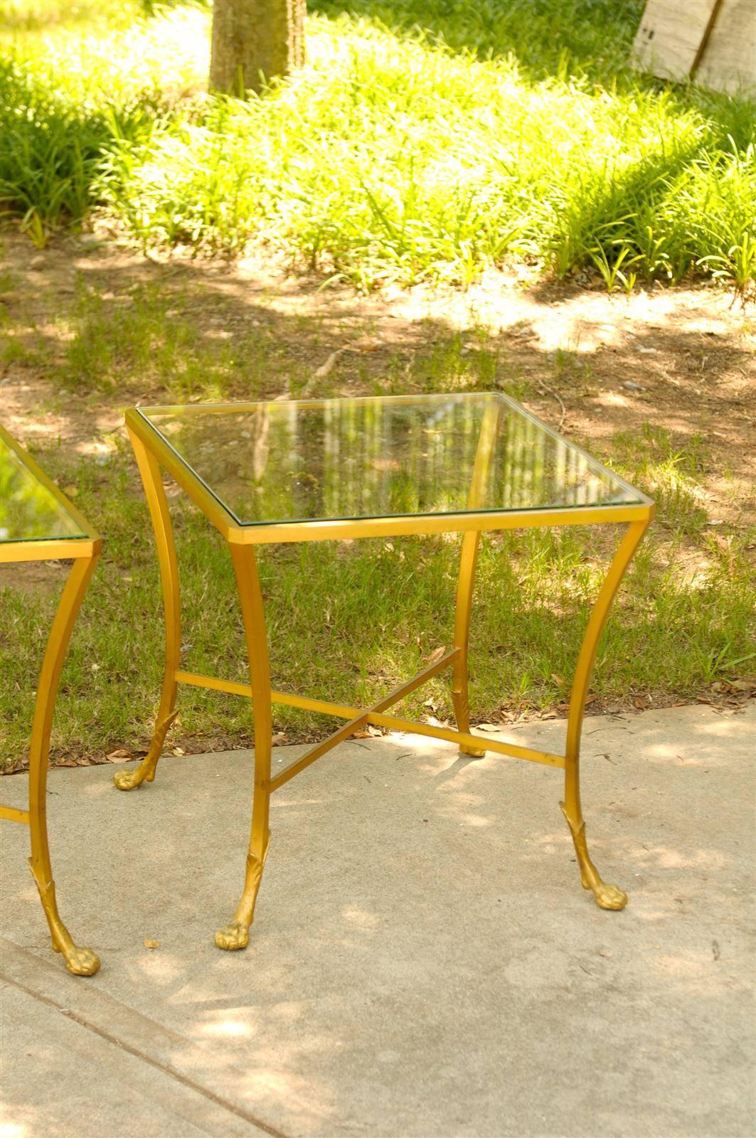 20th Century Pair of French 1950s Maison Baguès Style Tables Made of Glass and Gilt Bronze