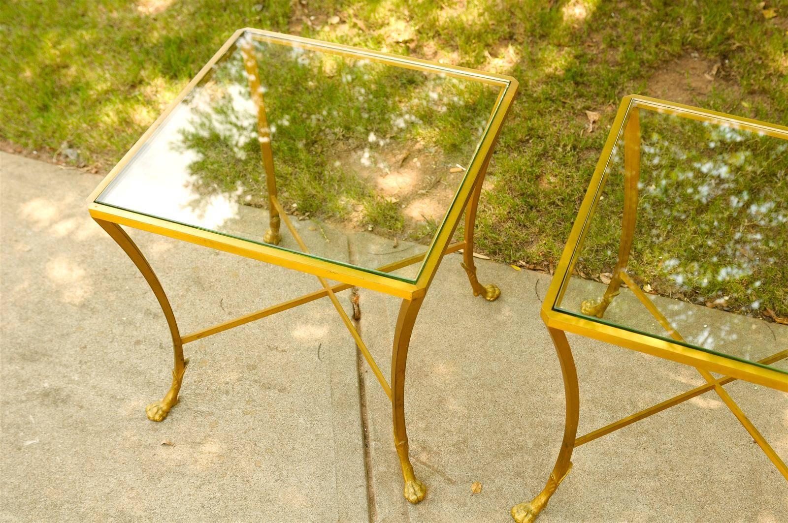 Pair of French 1950s Maison Baguès Style Tables Made of Glass and Gilt Bronze 2