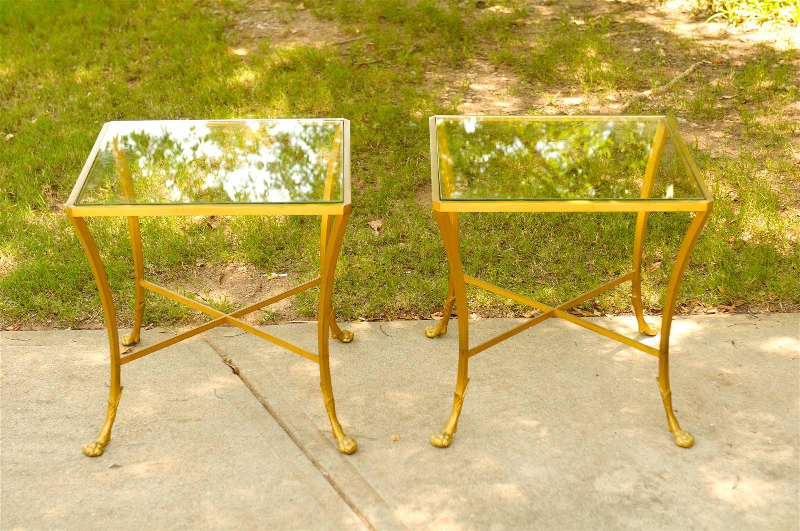Pair of French 1950s Maison Baguès Style Tables Made of Glass and Gilt Bronze 1
