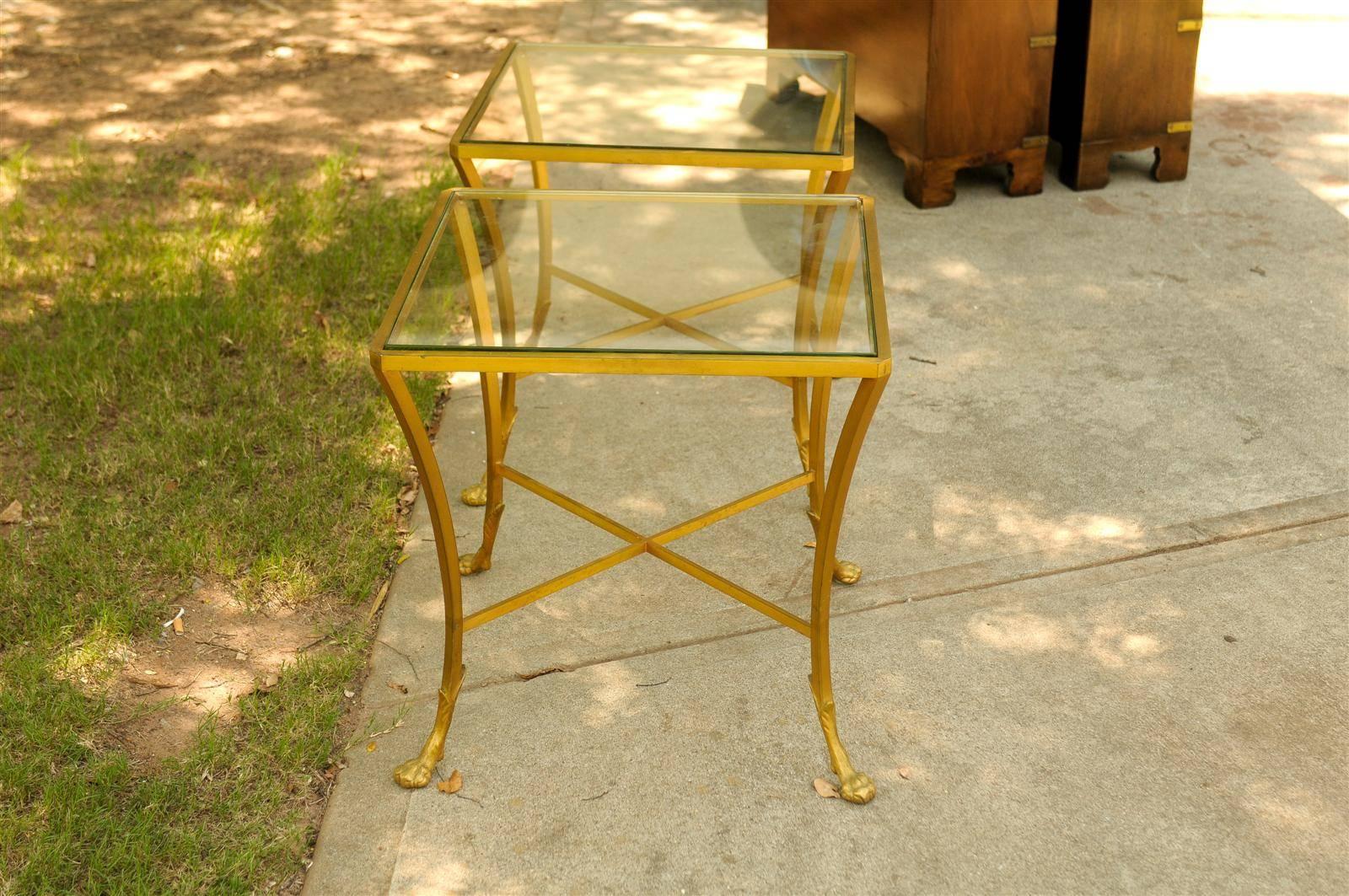 Pair of French 1950s Maison Baguès Style Tables Made of Glass and Gilt Bronze 3