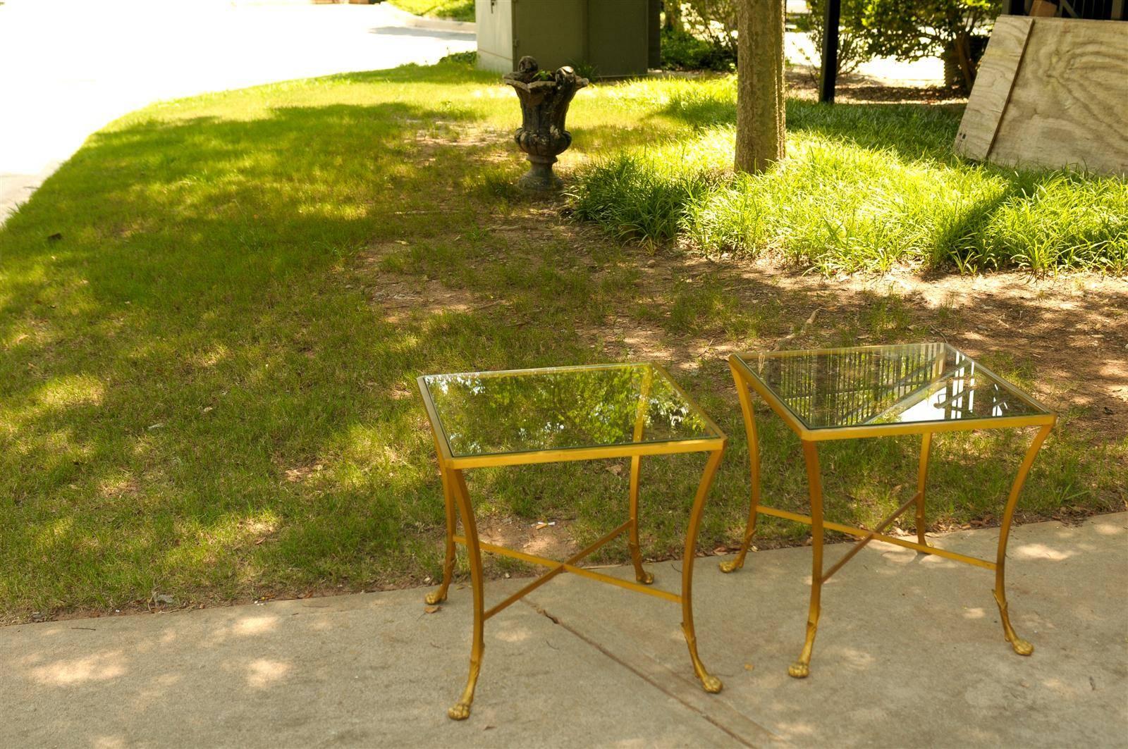 Mid-Century Modern Pair of French 1950s Maison Baguès Style Tables Made of Glass and Gilt Bronze