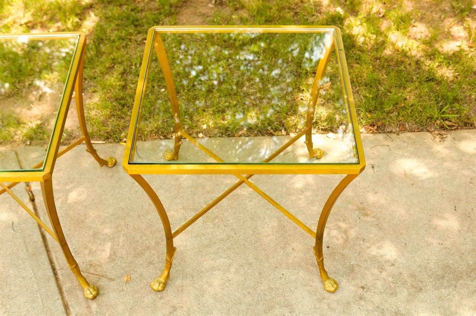 Pair of French 1950s Maison Baguès Style Tables Made of Glass and Gilt Bronze 5