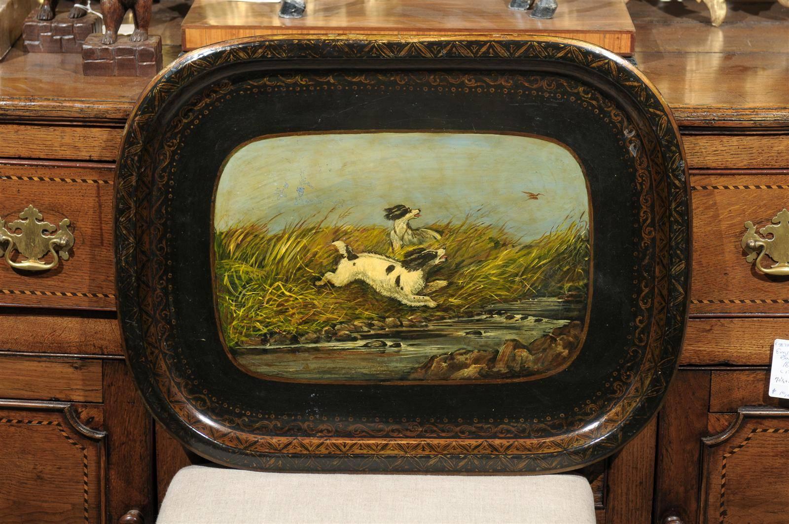 English tole painted tray with sporting dogs.