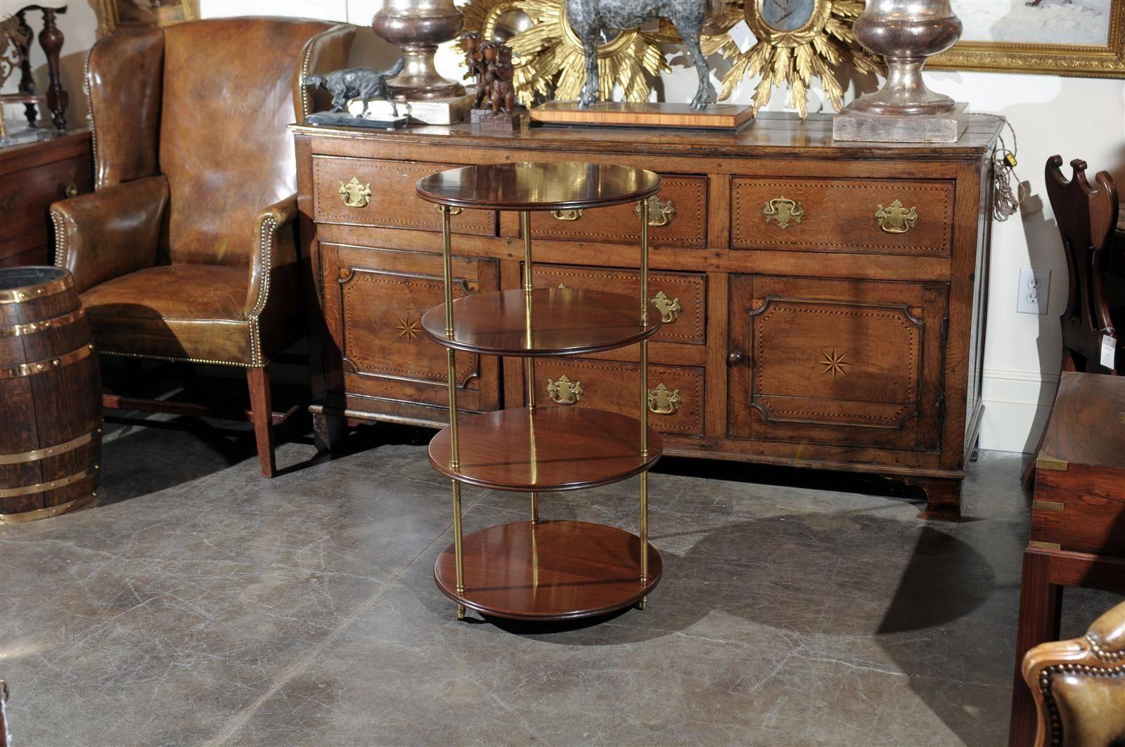 Mid-Century Modern Vintage Round Mahogany and Brass Four Tier English Trolley on Casters 