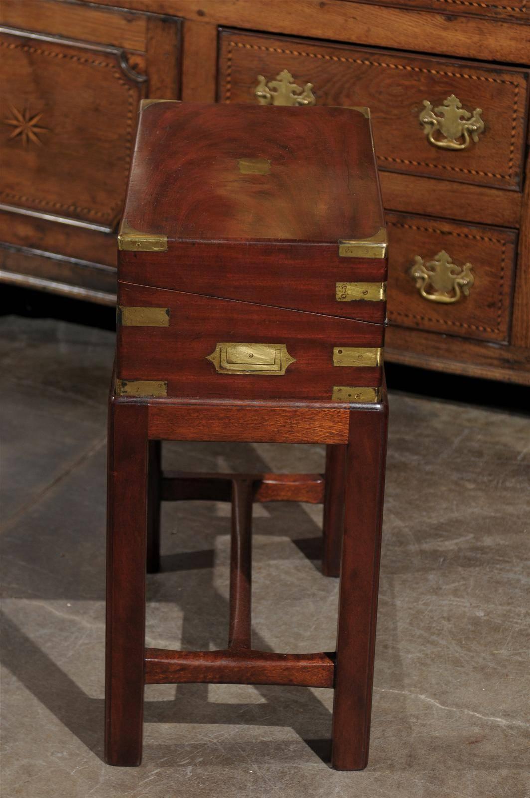 19th Century English Mahogany Writing Box or Lap Desk on Stand with Brass Handles and Storage