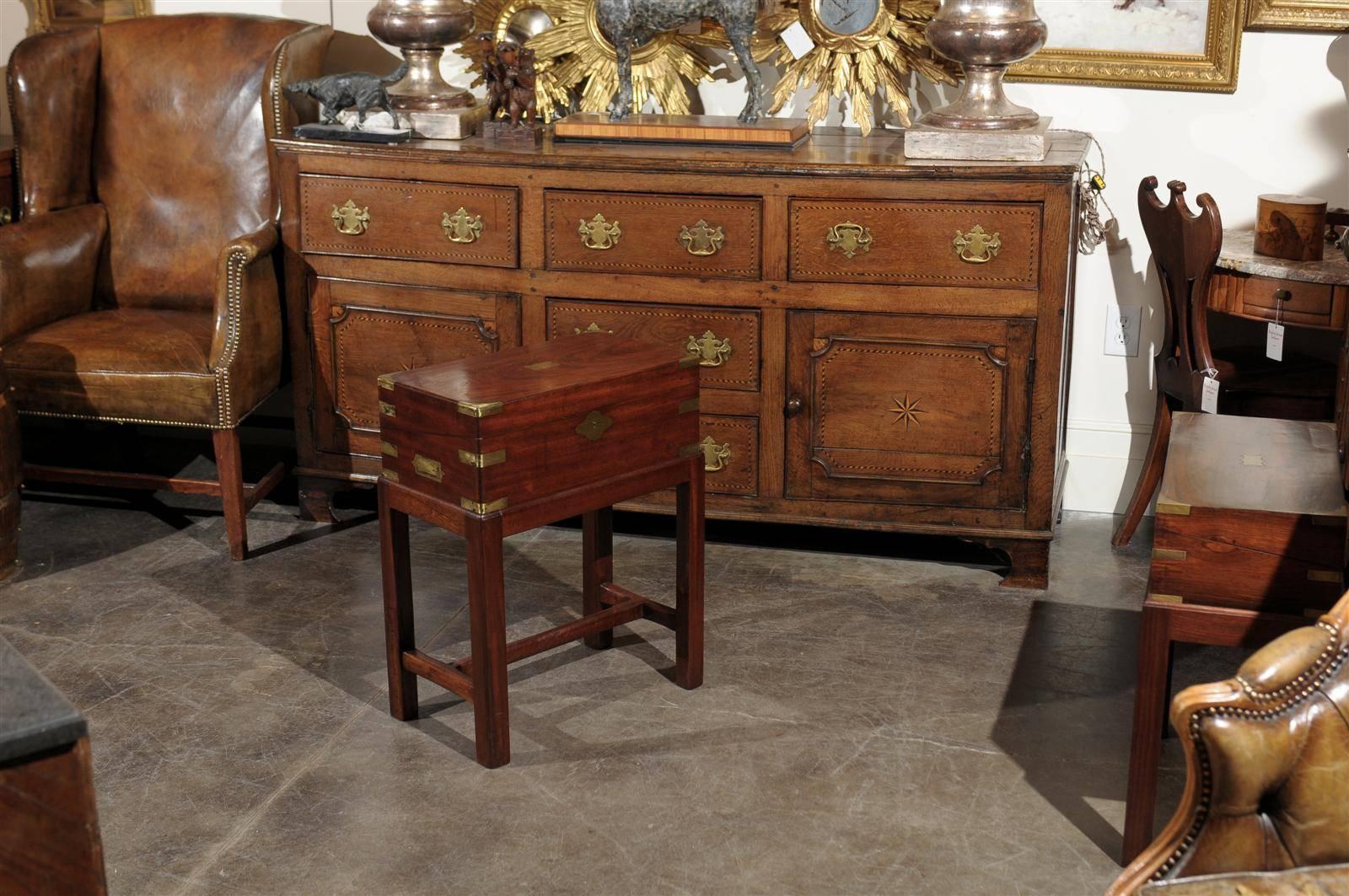 Campaign English Mahogany Writing Box or Lap Desk on Stand with Brass Handles and Storage