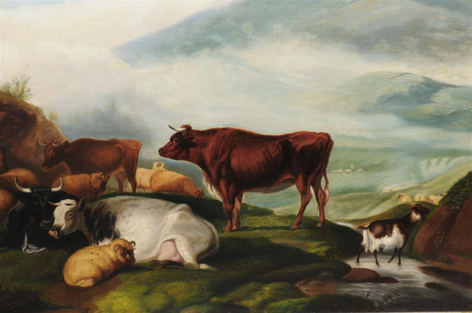 Grande peinture à l'huile pastorale anglaise des années 1880 encadrée en bois doré avec bétail et moutons Bon état - En vente à Atlanta, GA