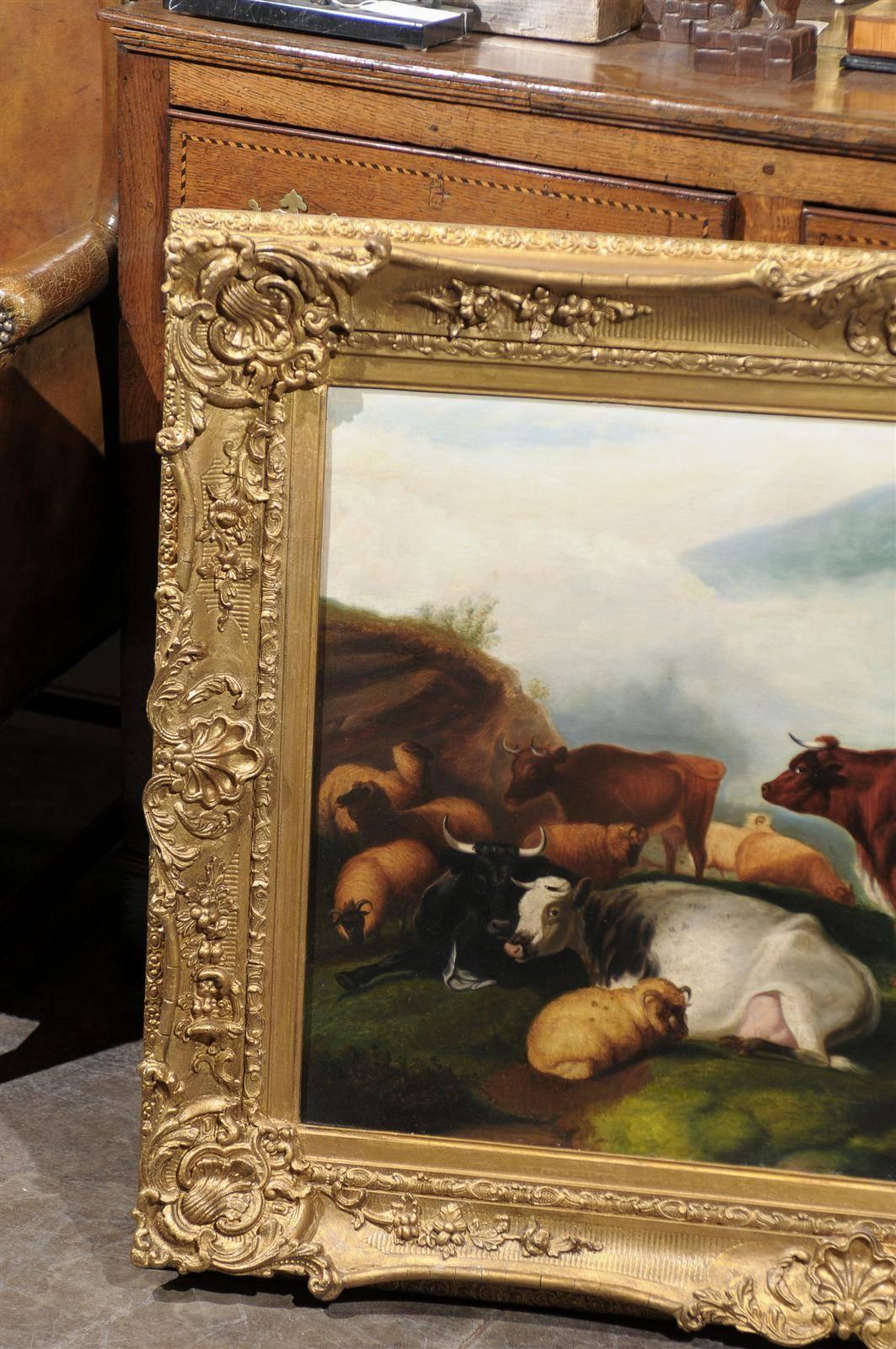 XIXe siècle Grande peinture à l'huile pastorale anglaise des années 1880 encadrée en bois doré avec bétail et moutons en vente