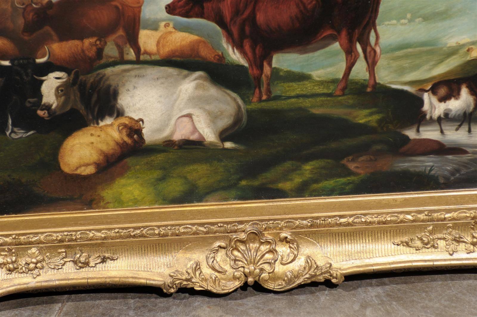 Bois doré Grande peinture à l'huile pastorale anglaise des années 1880 encadrée en bois doré avec bétail et moutons en vente