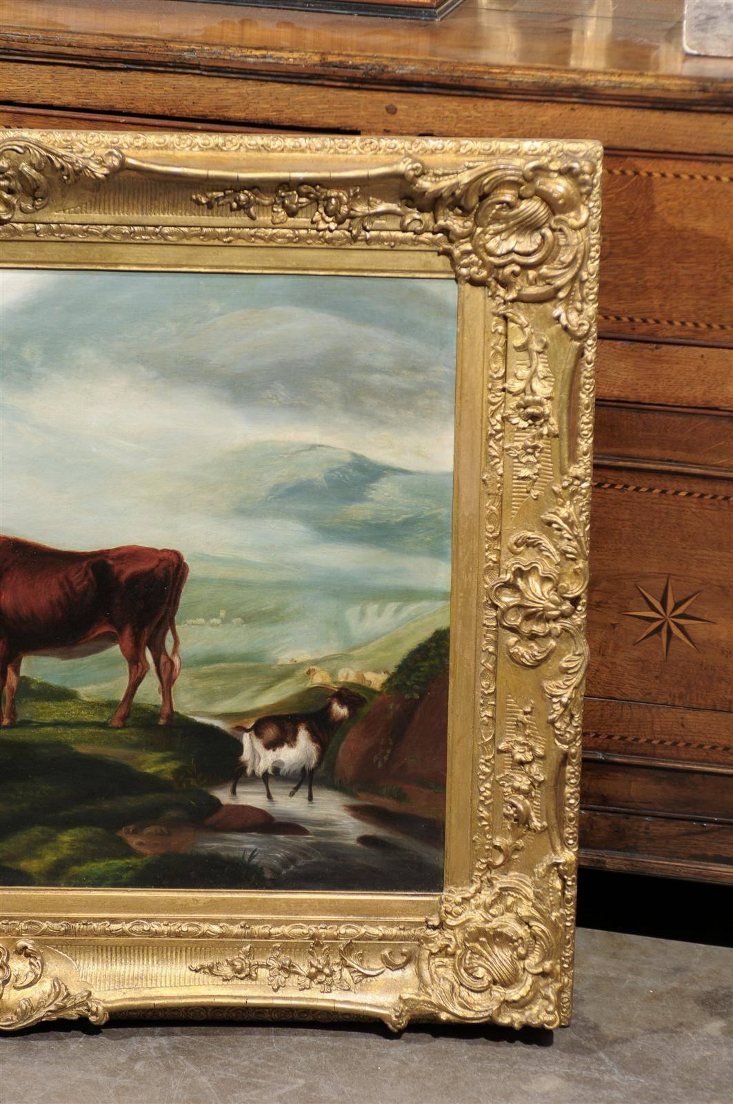 Grande peinture à l'huile pastorale anglaise des années 1880 encadrée en bois doré avec bétail et moutons en vente 1