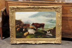 Grande quadro pastorale inglese del 1880 con cornice in legno dorato con bovini e pecore