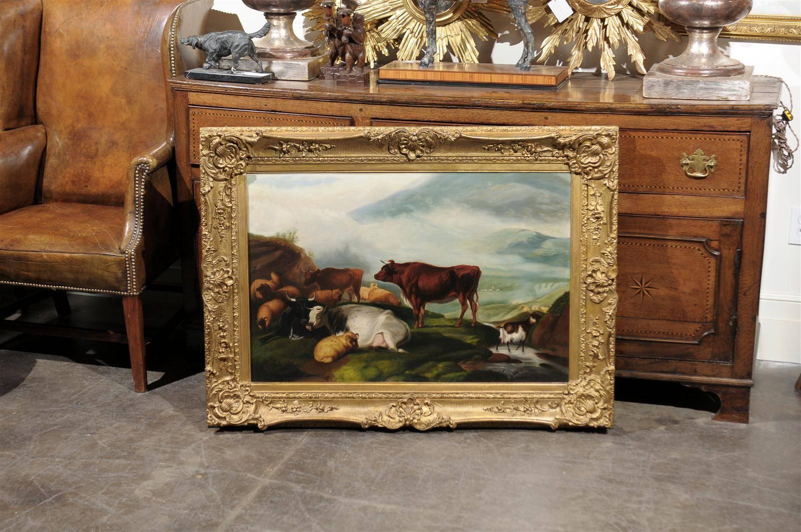 Anglais Grande peinture à l'huile pastorale anglaise des années 1880 encadrée en bois doré avec bétail et moutons en vente