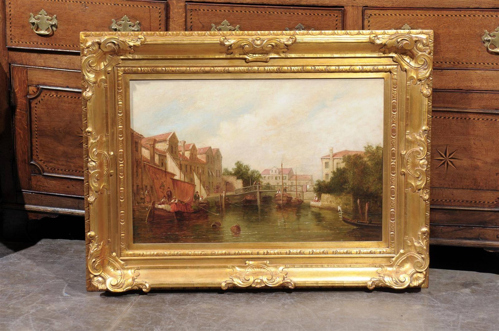 This oil on canvas painting from the late 19th century depicts a serene scene. In the center of the composition sits a busy canal, with a wooden bridge in the background. Along the canal are pedestrians, including a mother and her two children,