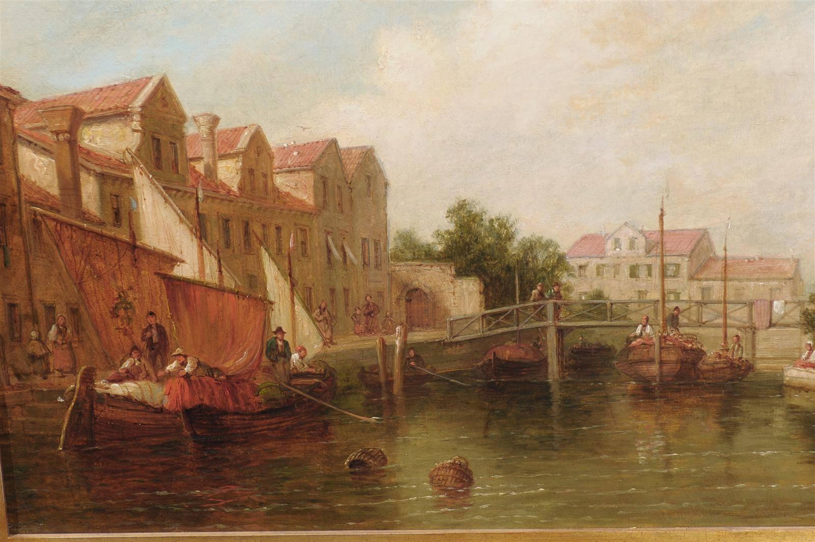 Oil Painting of a Canal Scene with Boats and Pedestrians from Late 19th Century In Good Condition For Sale In Atlanta, GA