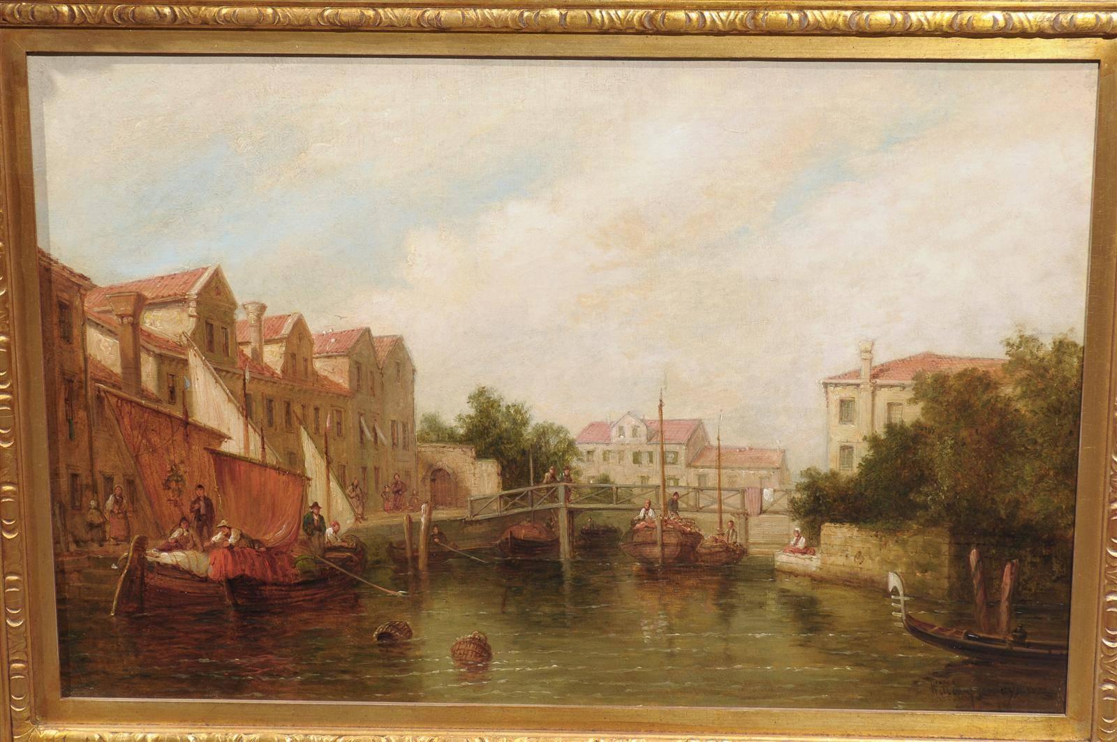 Oil Painting of a Canal Scene with Boats and Pedestrians from Late 19th Century For Sale 1