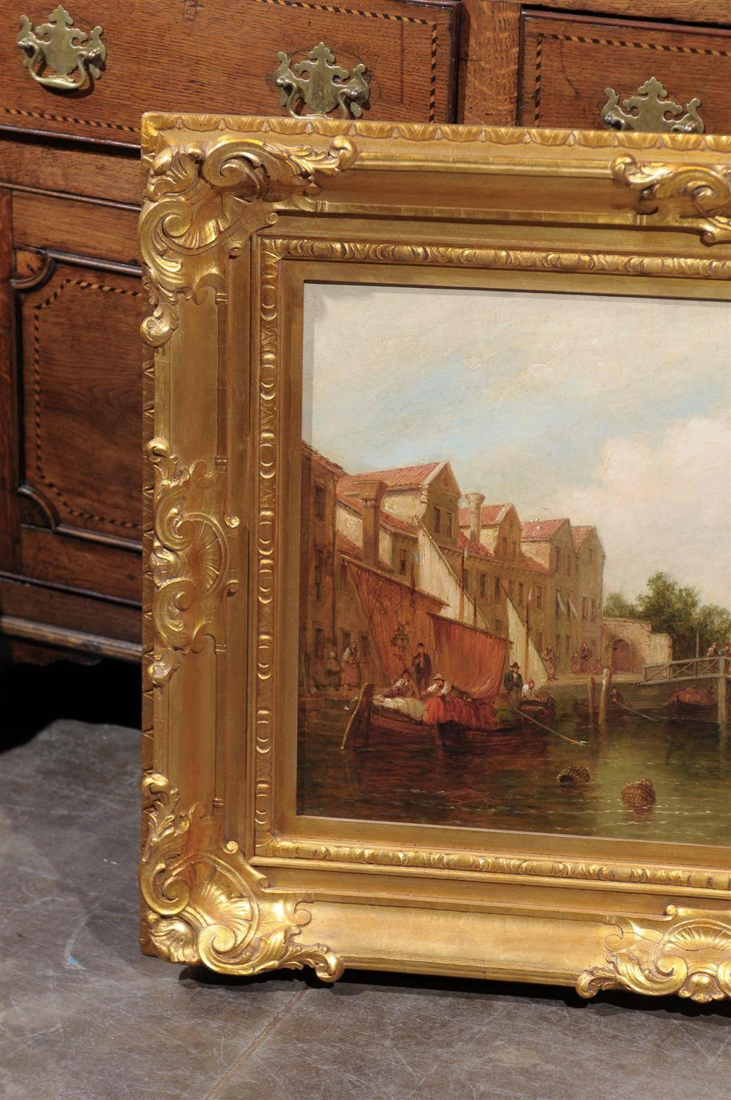 Oil Painting of a Canal Scene with Boats and Pedestrians from Late 19th Century For Sale 2
