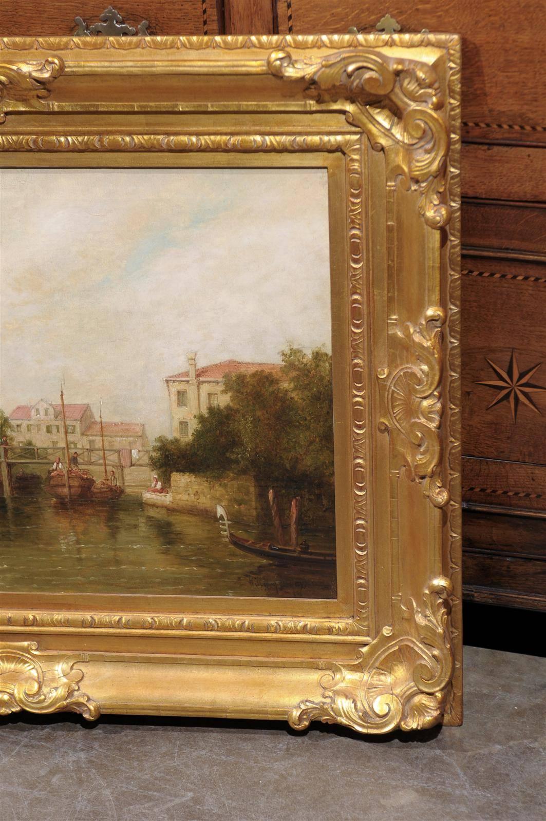 Canvas Oil Painting of a Canal Scene with Boats and Pedestrians from Late 19th Century For Sale
