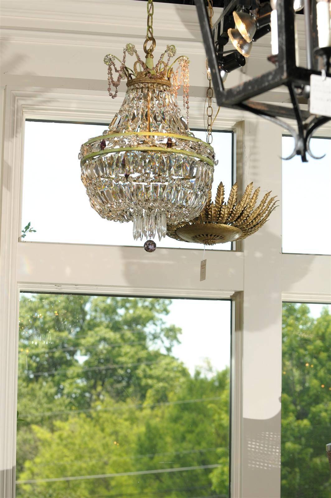 Empire French Basket Shaped Crystal Chandelier with Accents of Amethyst Color Crystals For Sale
